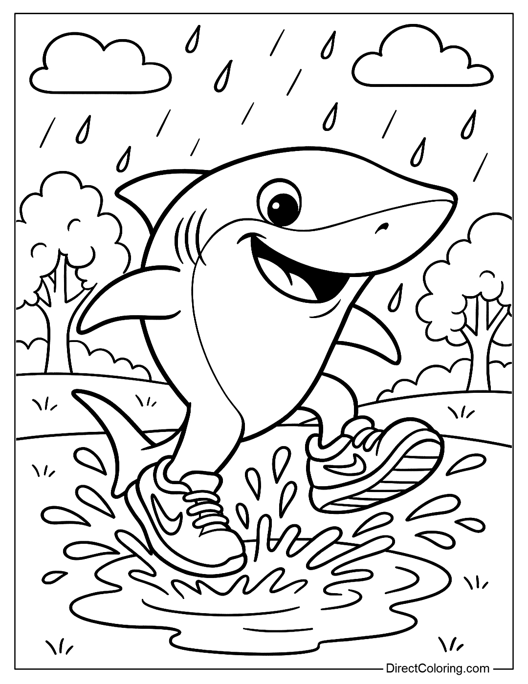 Tralalero Tralala Coloring Page Jumping over puddles, shoes splashing rainwater
